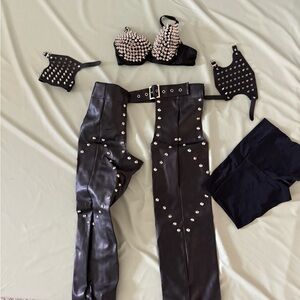 Black Studded Leather bra, chaps and arm bands. (biker Halloween costume)